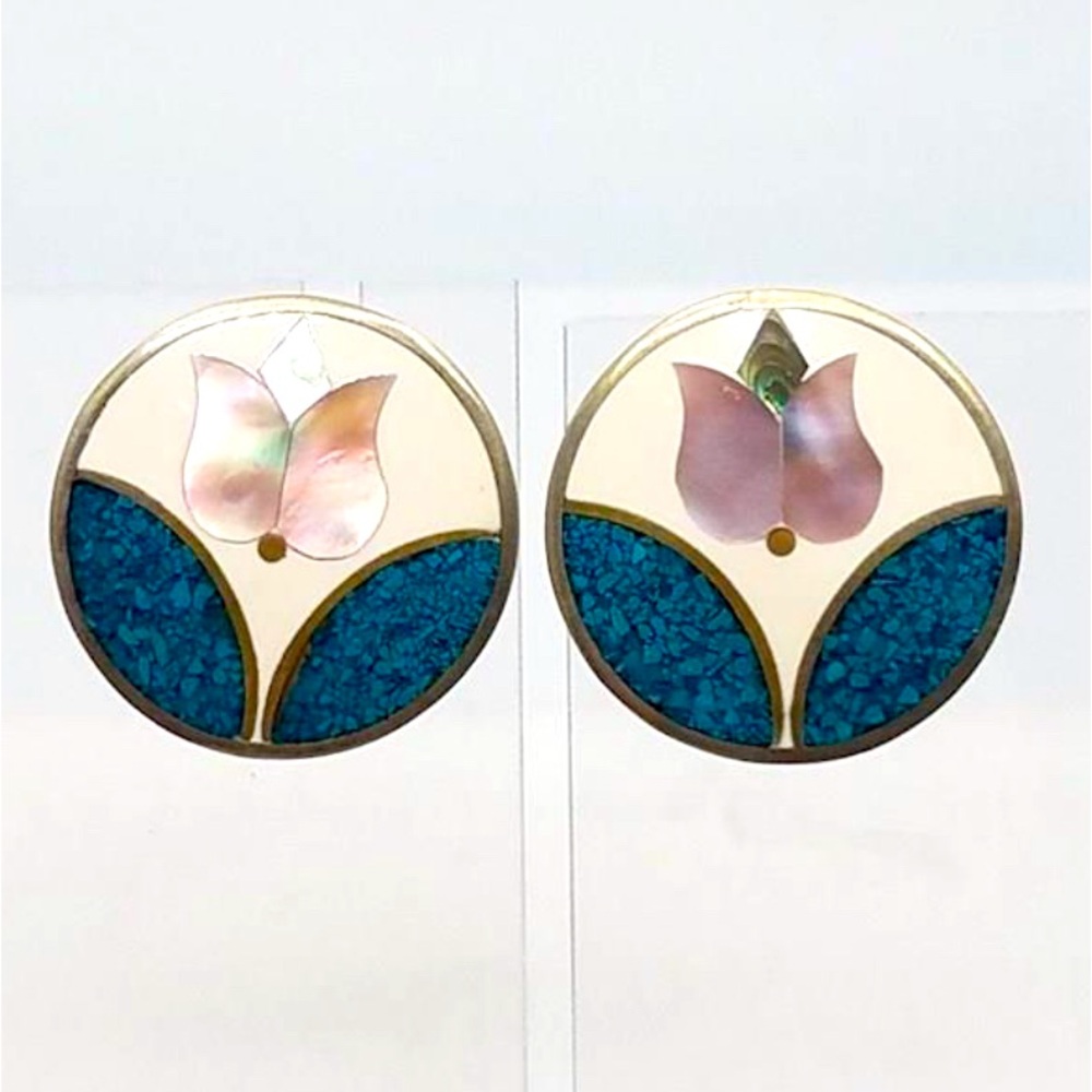 Silver-tone Abalone & Mother of Pearl Mosaic Cloissone Button Earrings